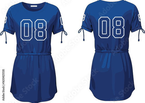 Sporty blue short sleeve girls dress with drawstring sleeves, elastic waist, front and back number print, vector fashion illustration