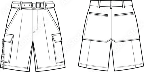 Cargo Shorts Front Back View, Technical Fashion Sketch, Belt and Buckle Detail, Flap Side Pockets, Pleats and Seam Illustration, Apparel Template, Garment Blueprint.
