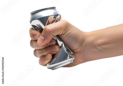 A powerful hand crushing and squeezing a silver aluminum beverage can for recycling. Isolated on transparent background, png