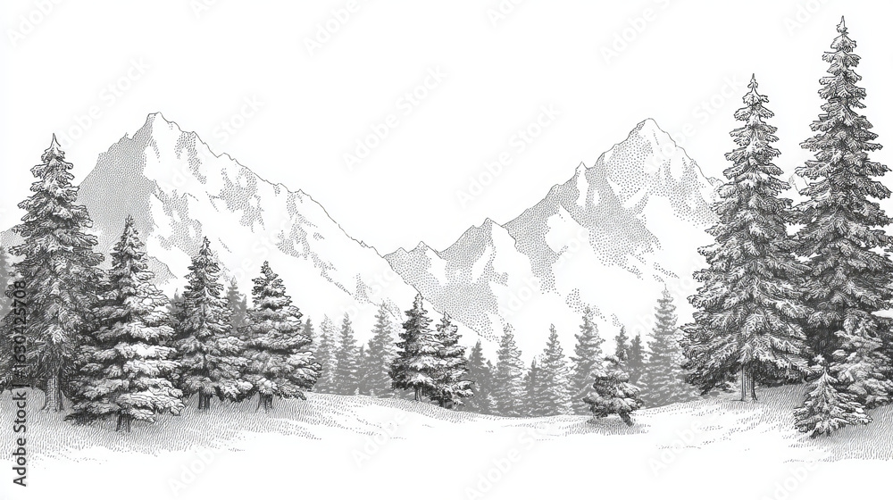 Fototapeta premium Winter mountains in snowy weather. Winter landscape of a forest against a background of mountains and snow. Winter nature vector illustration for Christmas design. Hike concept.
