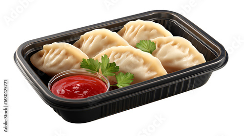 Delicious momos served on a white plate with a savory sauce. background removed