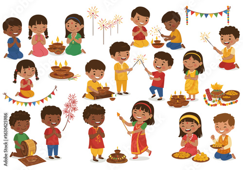 A diverse collection of cute Indian children celebrating the Diwali festival of lights. Kids in traditional clothes praying, lighting sparklers, and enjoying sweets.