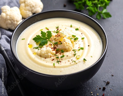 Creamy cauliflower soup in a dark bowl