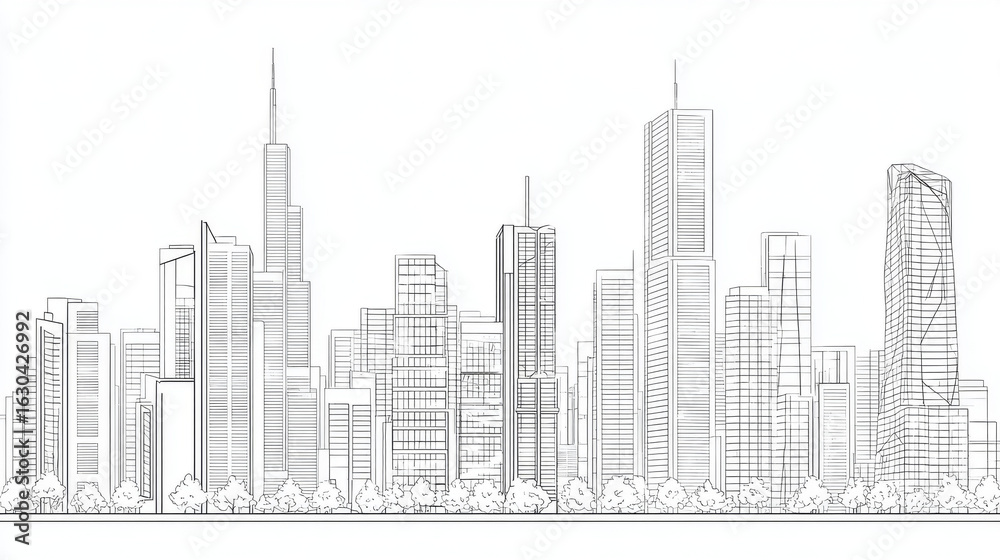 Fototapeta premium City landscape with buildings. Towers and buildings in modern flat style. Outline graphic. Line urban backdrop.