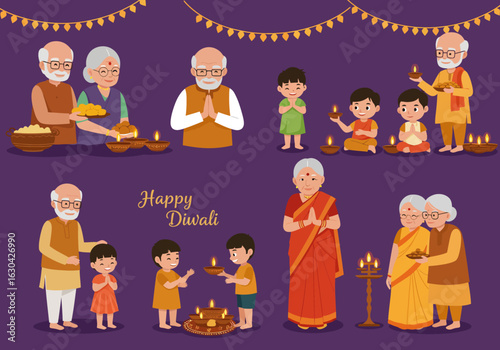 Happy Indian family celebrating Diwali. Grandparents and grandchildren lighting lamps and praying. Festival of lights illustration set.