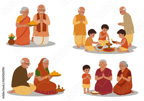 A collection of illustrations showing the concept of intergenerational bonding during Indian cultural festivities and prayers