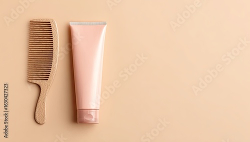 Wallpaper Mural A light beige surface holds a wooden hairbrush and a tube of light pink hair product Torontodigital.ca