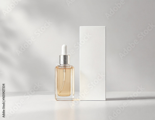Modern amber glass dropper bottle with natural face serum and a rectangular white box on a clean bright studio background with sharp sun shadows.