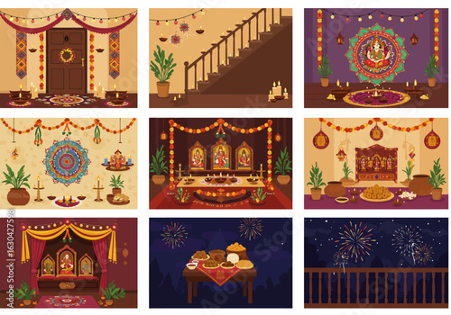 Set of colorful illustrations showing traditional Indian Diwali festival celebrations, home decorations, and festive scenes