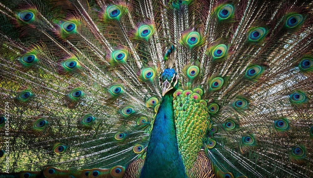 Obraz premium a vibrant peacock displays its stunning green plumage showcasing intricate patterns that captivate with their beauty and elegance