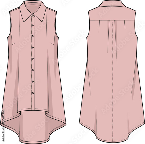 Sleeveless long shirt dress flat sketch, button-down tunic top vector, curved high-low hem blouse, stylish collar fashion design
