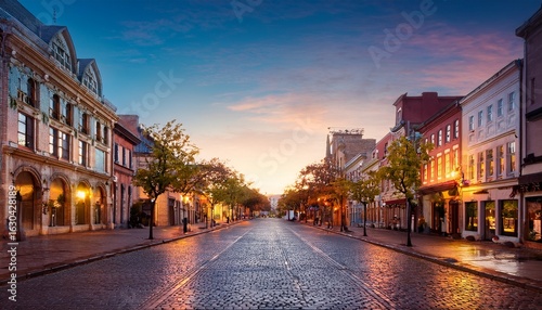 historic urban thoroughfare at dusk