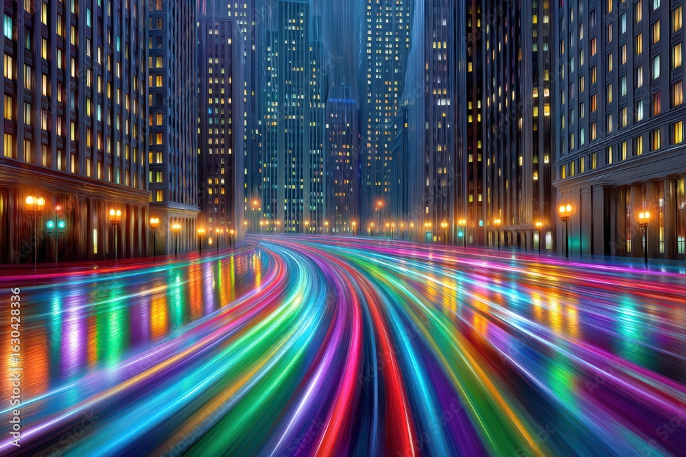 Fototapeta premium Dynamic nighttime cityscape showcasing vibrant light trails weaving through urban architecture reflecting on wet streets creating a captivating and immersive visual experience