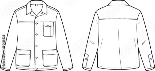 Jacket Technical Drawing Front and Back View, Button Front Closure, Flap Pocket, Shoulder Yoke Detail, Garment Design, Apparel Template.