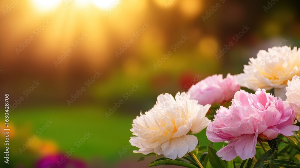 Fototapeta premium Beautiful peony flowers in a vibrant garden illuminated by soft sunlight during golden hour