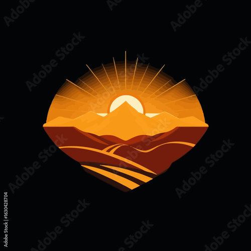 Sunrise over a desert landscape, stylized graphic design.