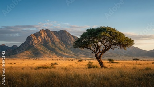 A lone acacia tree stands proud in a golden savanna landscape, with dramatic mountains rising in the background.  Sunrise or sunset hues bathe the scene