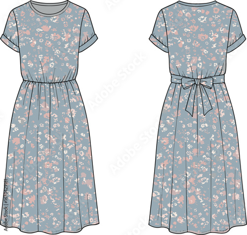 Short sleeve floral midi dress with waist tie, women’s fashion CAD flat, front and back technical sketch