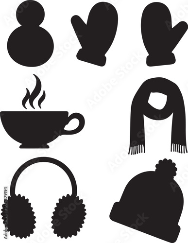 Cozy up winter fun with hot cocoa, earmuffs, snow, and more