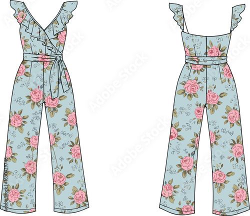 Girls' floral wide-leg jumpsuit with ruffle straps and wrap front, summer outfit CAD, front and back fashion sketch