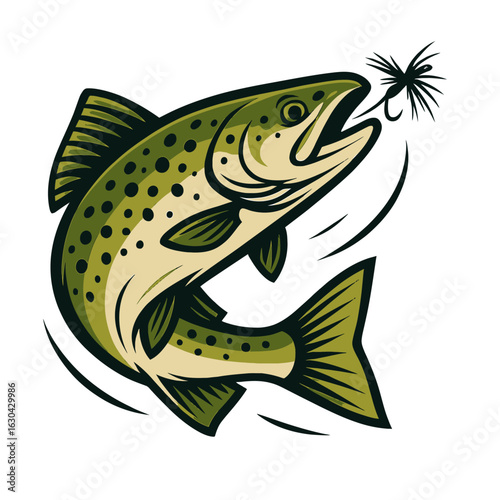 Trout jumping for a fly fishing lure. Modern fishing sport mascot logo vector.
