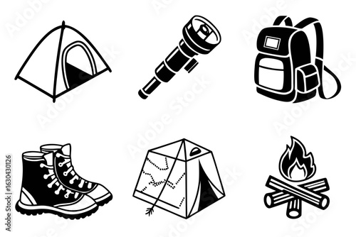 Camping Gear Icons Tent Backpack Boots Telescope Campfire.