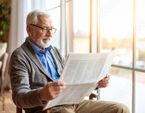Elderly Man Reading Newspaper by Window  