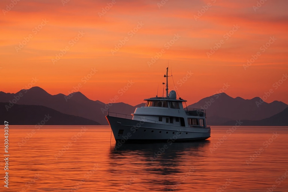 Fototapeta premium A Lone Yacht Cruising Through the Dusk Embrace of a Mountainous Coastline
