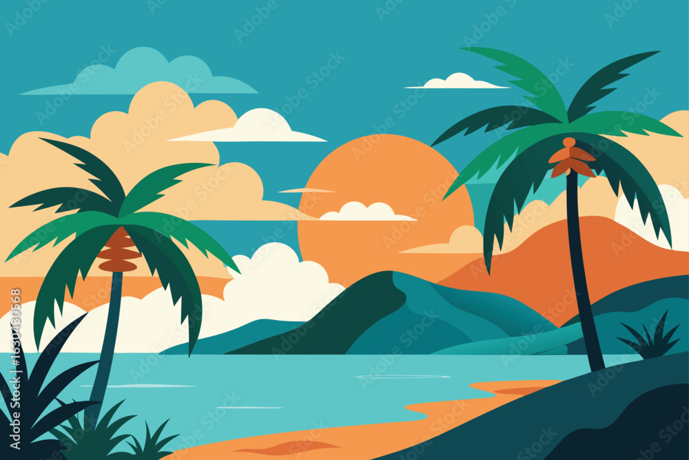 Fototapeta premium Tropical Beach Sunset Vector Background
