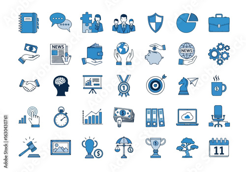 Blue Line Icons: Business Strategy, Teamwork, Finance, and Success Concepts.