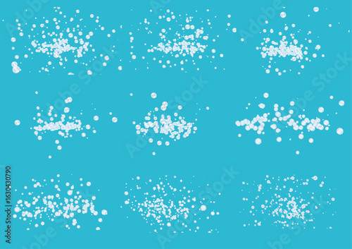 A collection of many floating bubbles, vector objects in nine different patterns, nine vector layers with one plane sample background, created by 3D modeling transparent physics simulation.