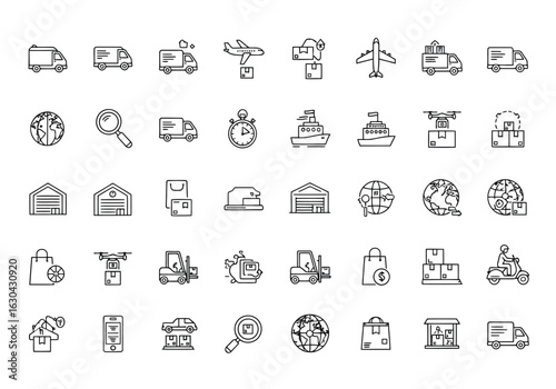 Global Logistics:  Modern Line Icons for Shipping, Delivery, and Warehouse Management.