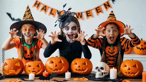 Group of girls in Halloween costumes scaring with funny poses surrounded by carved pumpkins and spooky decorations at festive celebration.