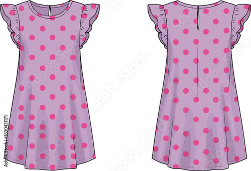 Pink polka dot girls flutter sleeve dress, front and back CAD flat sketch, cute casual summer wear vector illustration