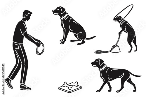 Man and Dog Training and Care Illustrations.