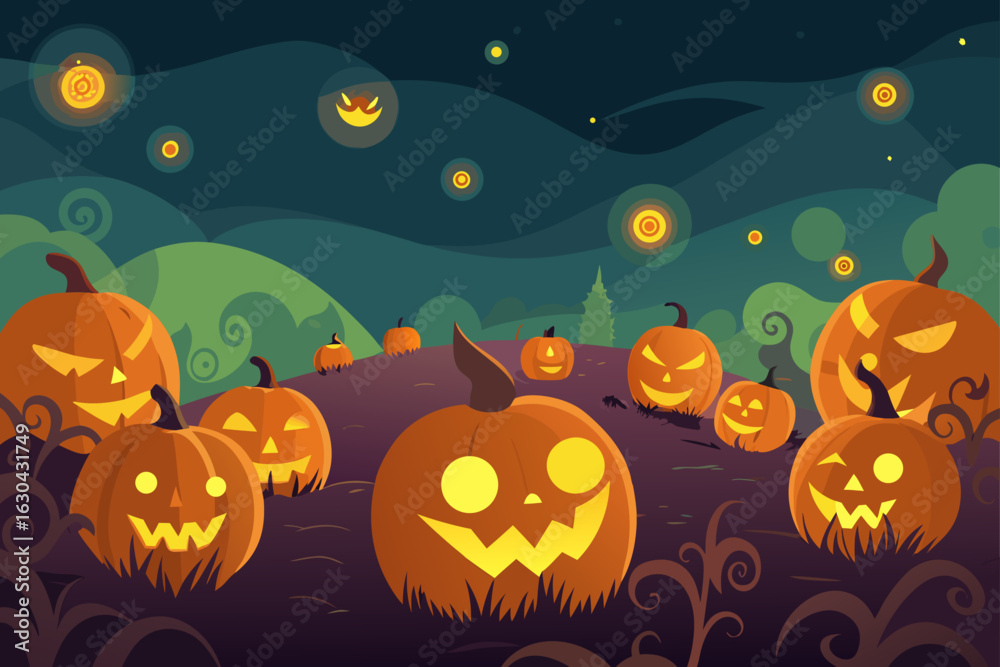 Fototapeta premium Magical Pumpkin Patch at Twilight with Dozens of Jack O' Lanterns