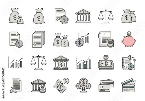 Modern Flat Icon Set: Finance, Banking, Investment, and Legal Concepts