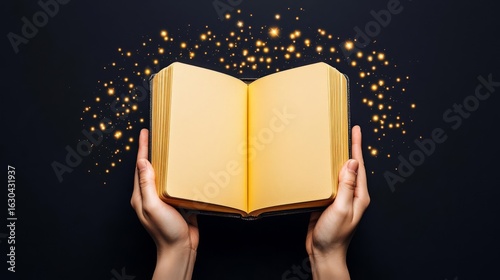 A magical book illuminated with sparkling light, representing creativity and knowledge in vivid detail.