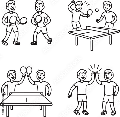 Casual Ping Pong Game Icons Friends Playing, Paddle Clash, Ball Bounce, Table Setup, and Victory Pose