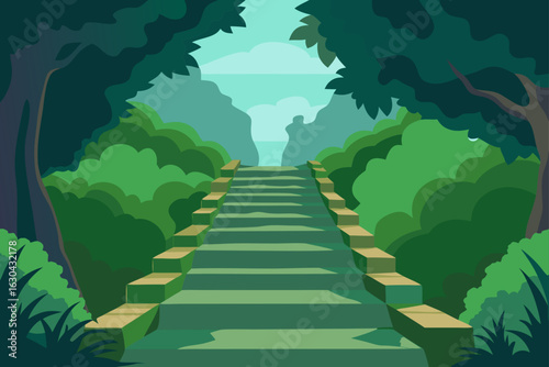 Stone Pathway and Stairs Shrouded in a Mysterious Mist