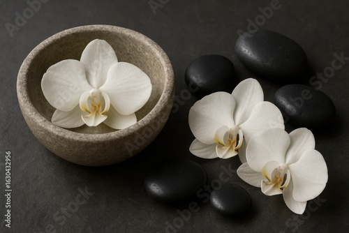 A Study in Contrasts - White Orchids and Black Rocks on a Dark Canvas