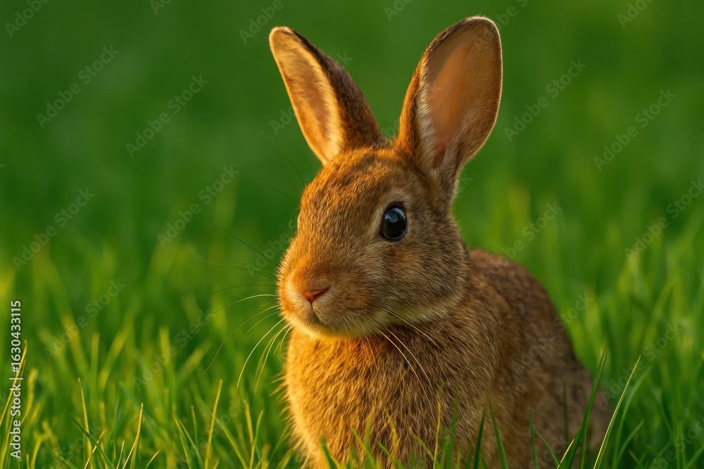 Fototapeta premium A gentle rabbit sits amidst a verdant field, its eyes reflecting the soft light of dawn