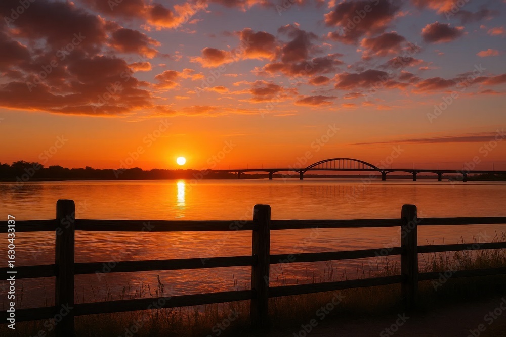 Fototapeta premium A Tranquil Riverside Scene with a Silhouetted Bridge and Reflective Waters