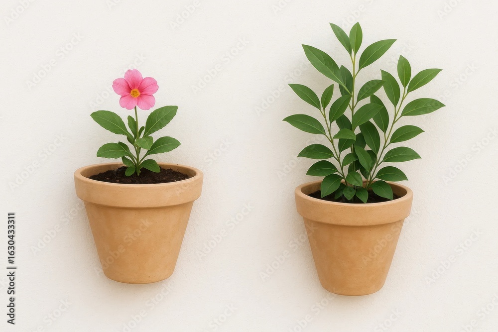Fototapeta premium one blooming with a vibrant pink flower, and the other thriving in lush green leaves