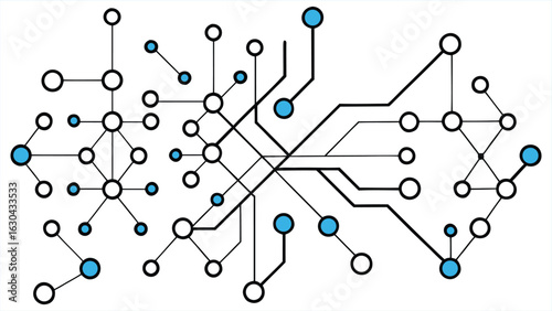 Abstract interconnected network of nodes and lines representing a complex digital system or data flow with blue highlighted nodes