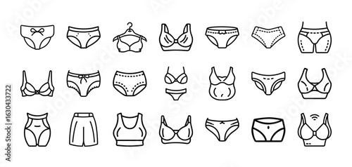 Collection of lingerie and underwear outline icons - Set of black and white outline icons showing different types of lingerie, bras, panties, and underwear in various styles and designs.