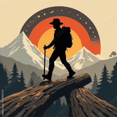 A scenic vector illustration of a lone hiker silhouette with trekking pole, standing on a fallen tree against mountain peaks and sunset sky.