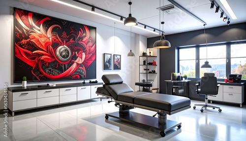 Modern tattoo studio interior with adjustable bed and vibrant abstract artwork