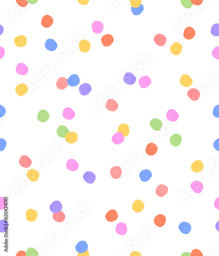 Colorful Seamless Vector Pattern With Confetti Rain. Hand Drawn Dots Scattered On A White Background. Polka Dots Of Rainbow Colors. Geometric Pattern With Multicolor Spots. Dotted Endless Print. 