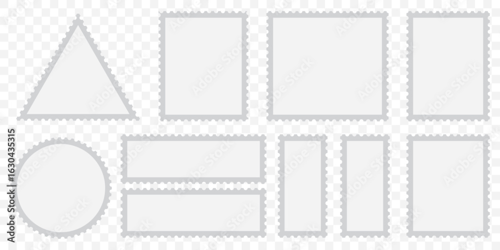 Obraz premium Empty Postage Stamps in Geometric Shapes – Vector Illustration Pack on Transparent Background. EPS 10.